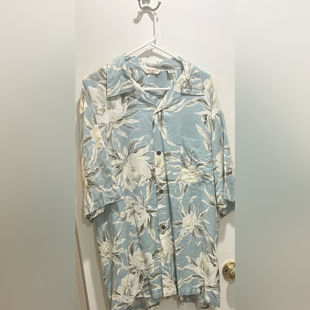 Blue and White Casual Button Down Shirt with Floral Design